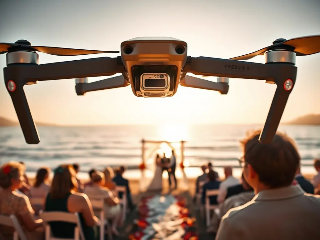 Drone view of a wedding ceremony on a beach.