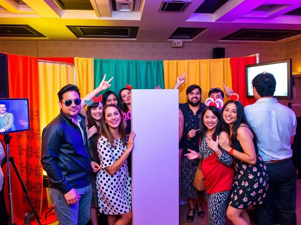A lively photo booth setup at a corporate event with guests enjoying props.