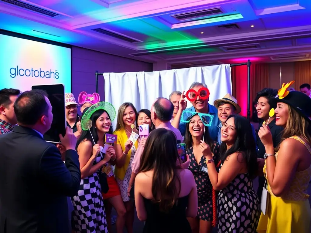 Guests enjoying a lively photo booth setup at a corporate event.