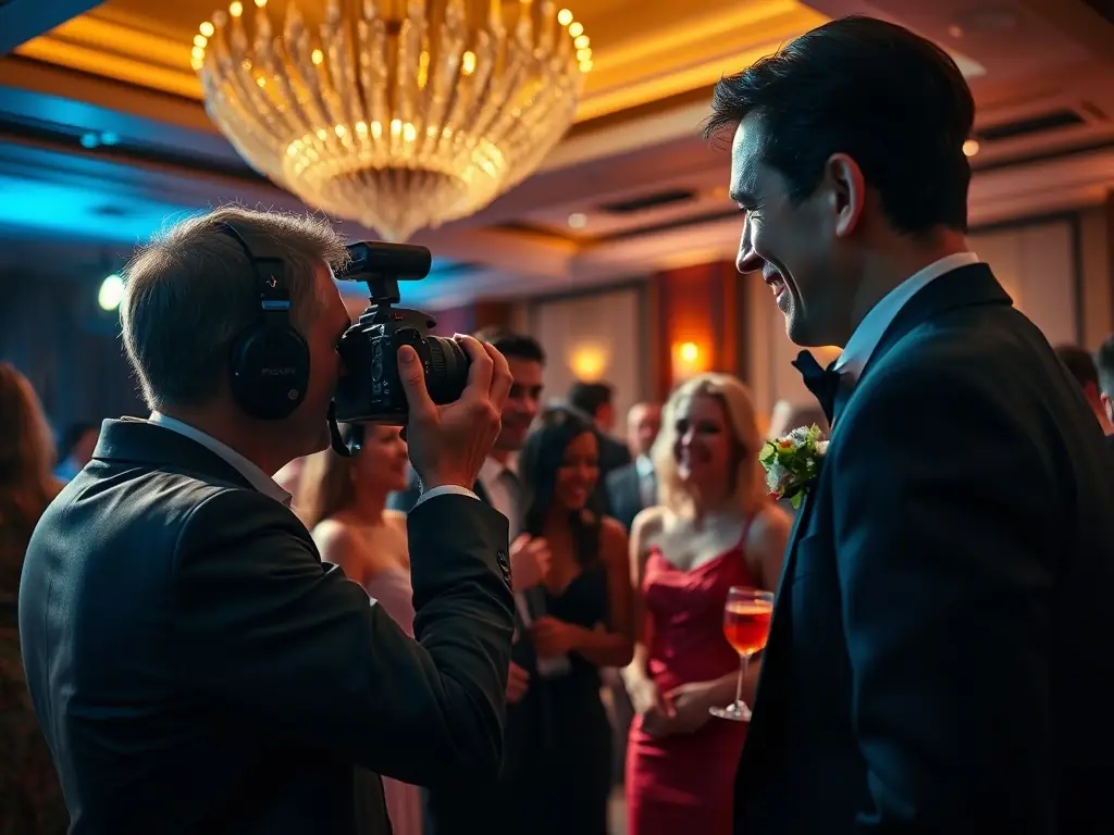 A professional photographer capturing candid moments at a corporate gala.