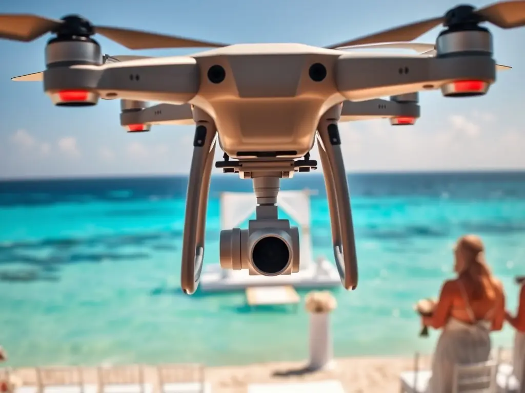 Drone view of a wedding ceremony on a sunny beach.