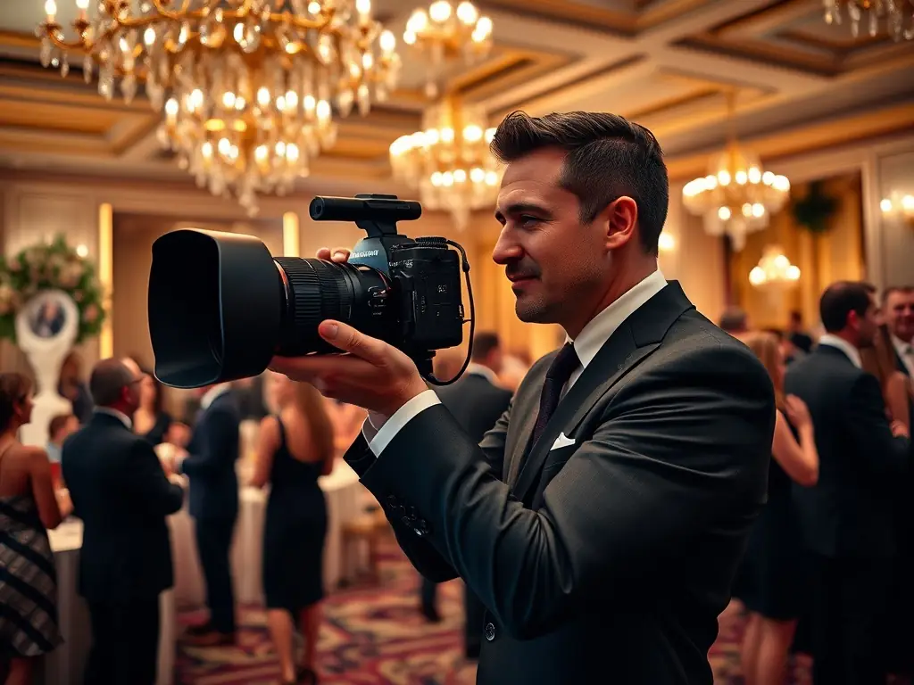 A professional photographer capturing candid moments at a corporate gala.