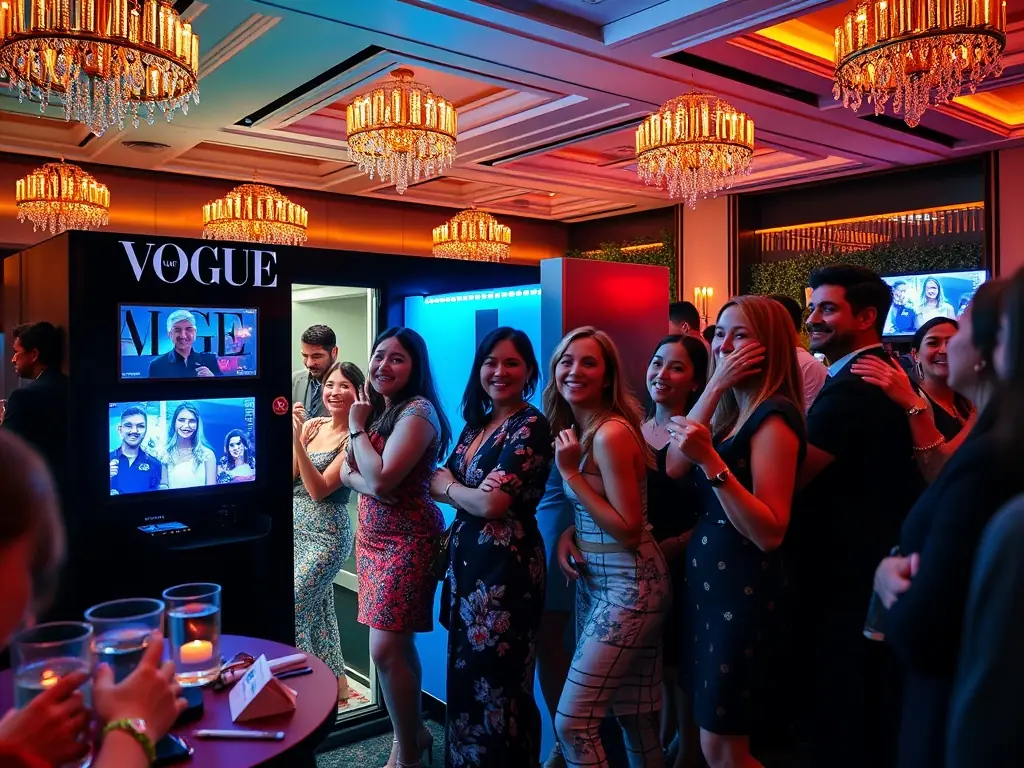 Guests enjoying the Vogue Magazine Photo Booth at a corporate event.