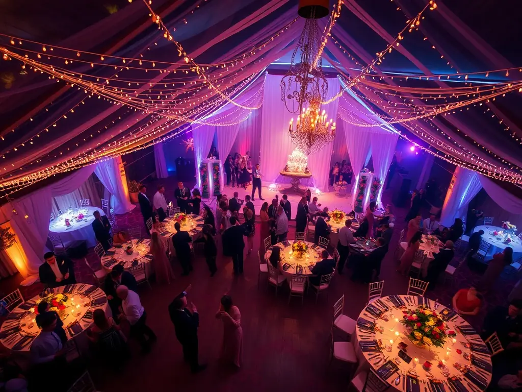 A vibrant aerial view of a wedding reception showcasing elegance and grandeur.