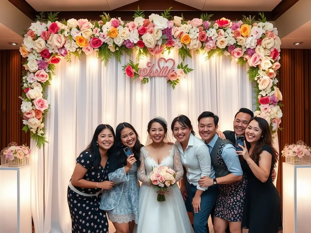 A beautifully decorated photo booth setup for a luxury wedding in the Bahamas, featuring elegant floral arrangements and soft, romantic lighting.