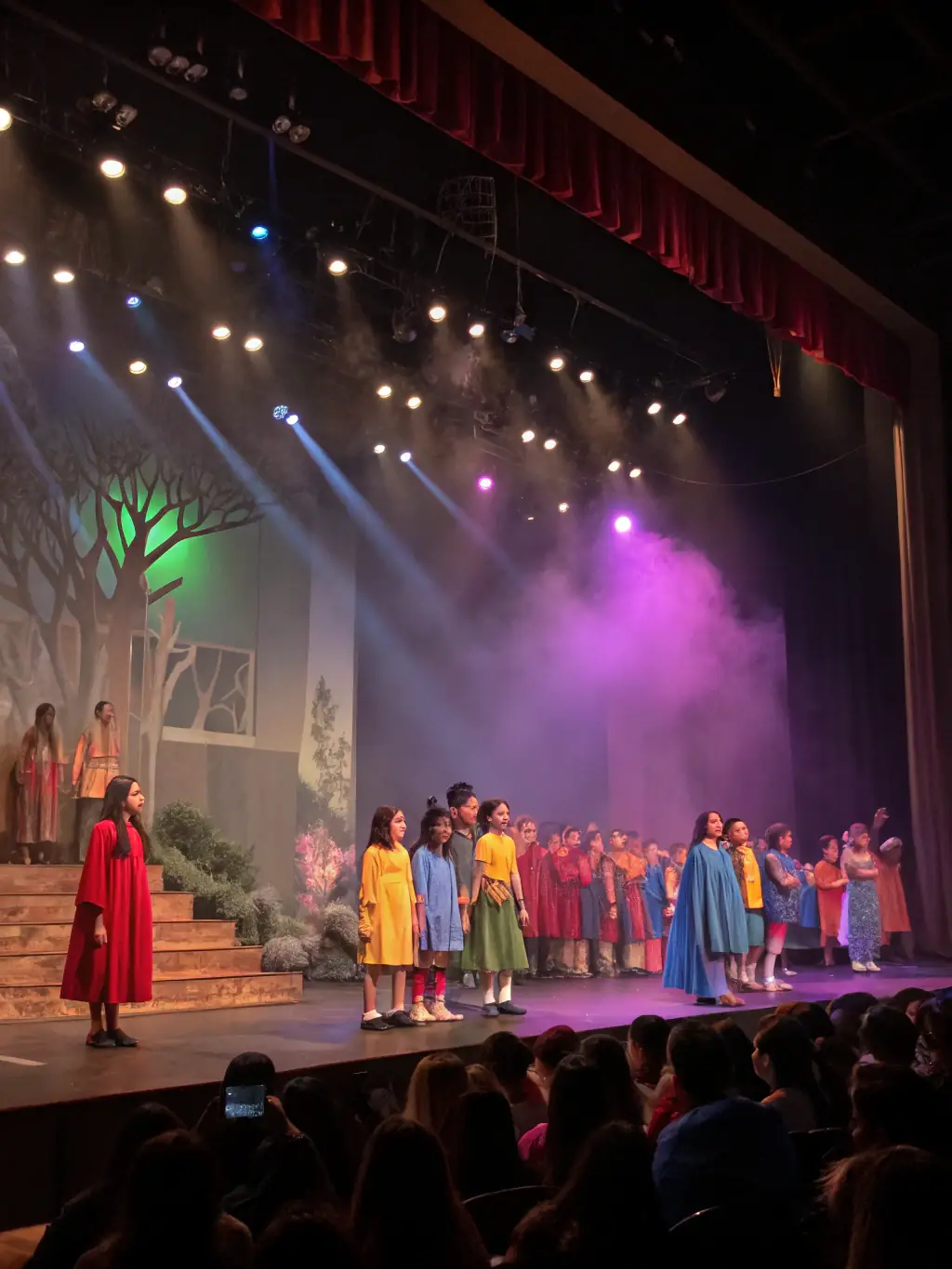 A captivating shot of Vision Academy students performing in a school play, showcasing their creativity and teamwork in a theatrical production.