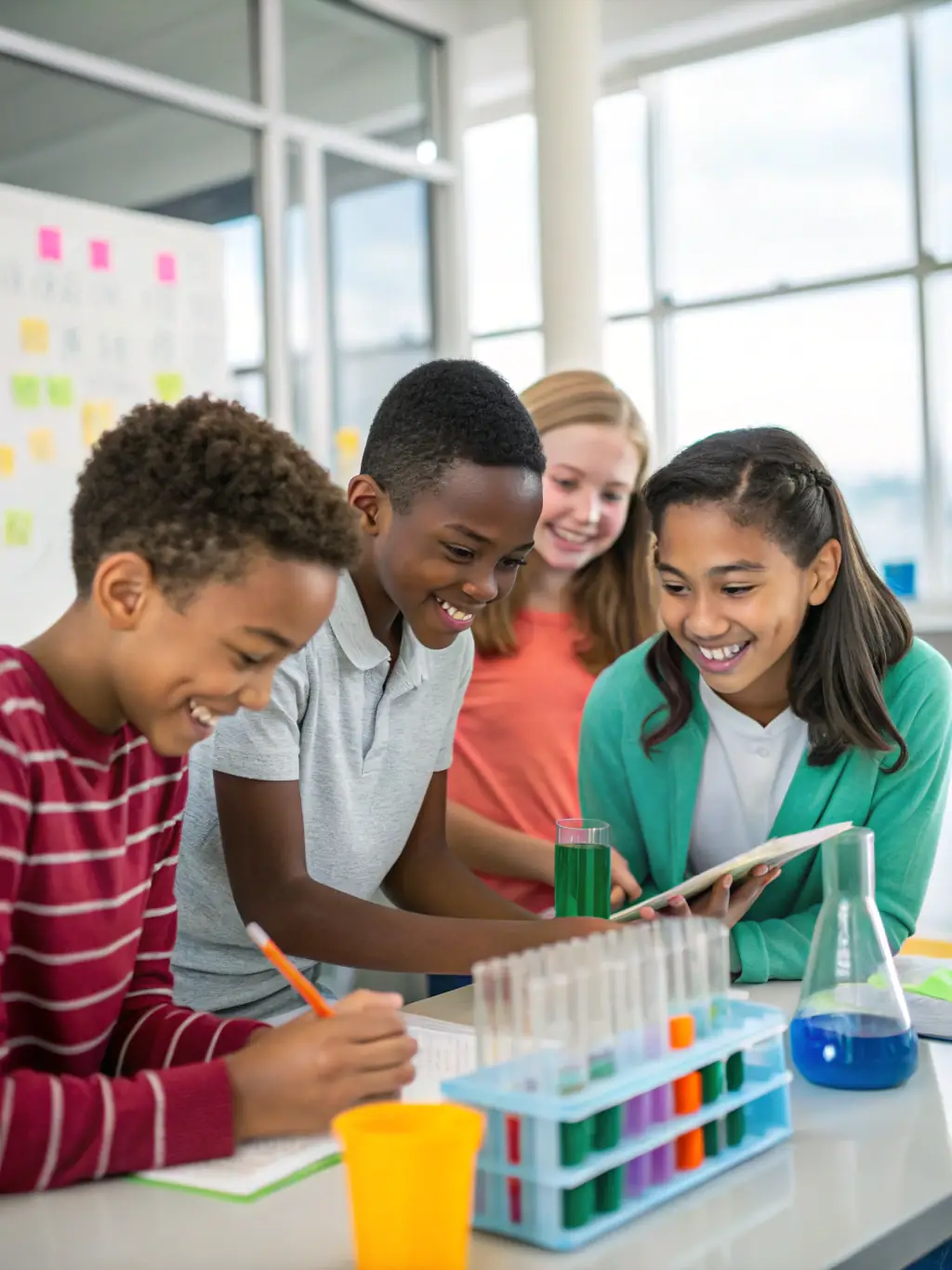 A vibrant photograph capturing Vision Academy students engaged in a science experiment, showcasing hands-on learning and discovery in a well-equipped lab.