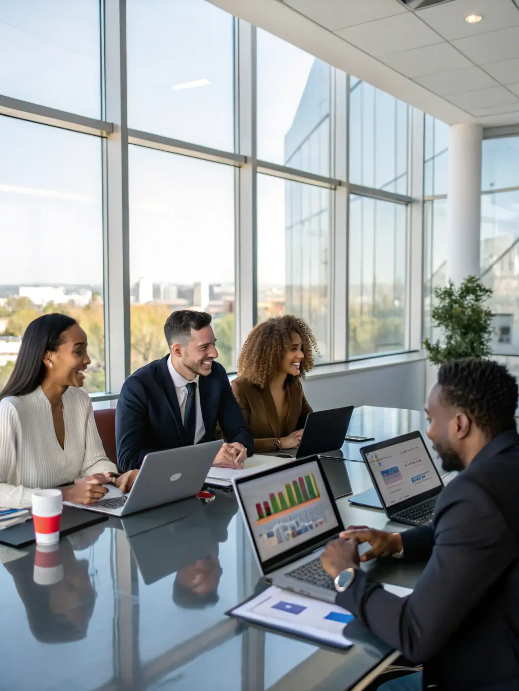 A diverse team of IT consultants collaborating around a table with tablets and charts, brainstorming innovative solutions in a bright, modern workspace.