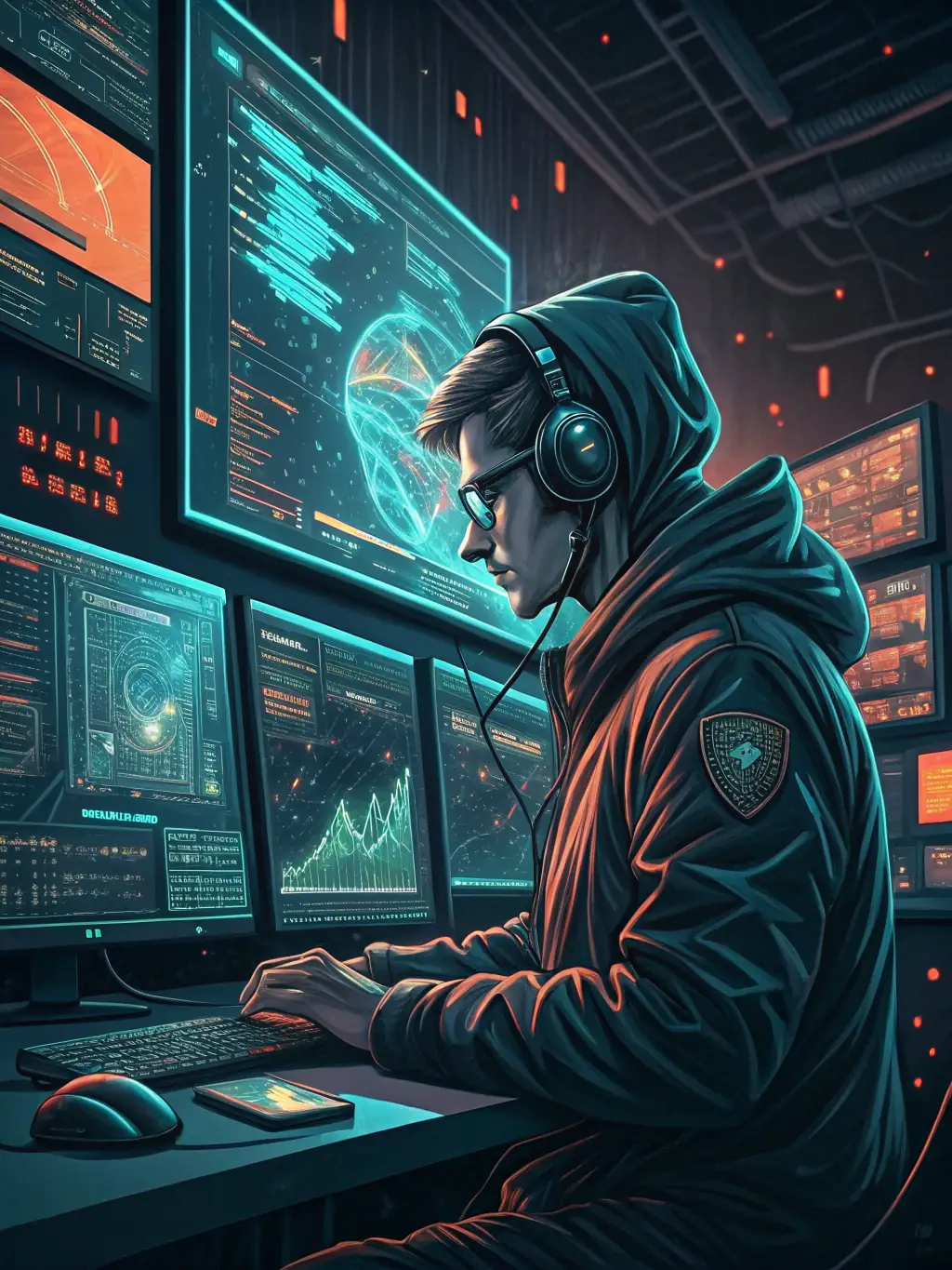 A close-up of a cybersecurity specialist monitoring multiple screens with security analytics and threat alerts, symbolizing proactive protection for business data and systems.