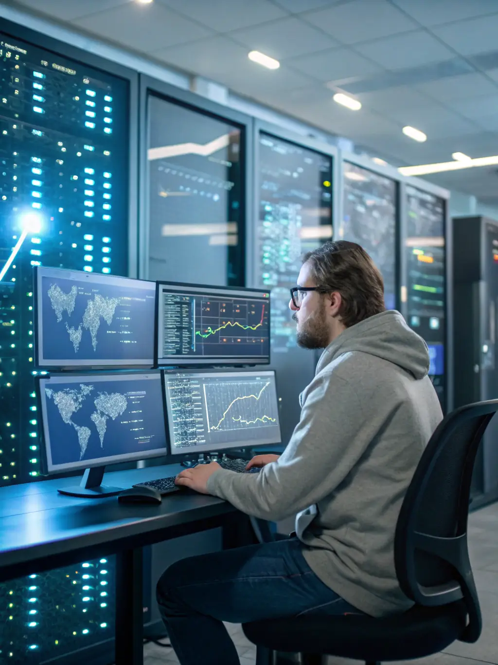 A cybersecurity analyst monitoring multiple screens displaying network security dashboards and threat alerts in a secure, high-tech environment.