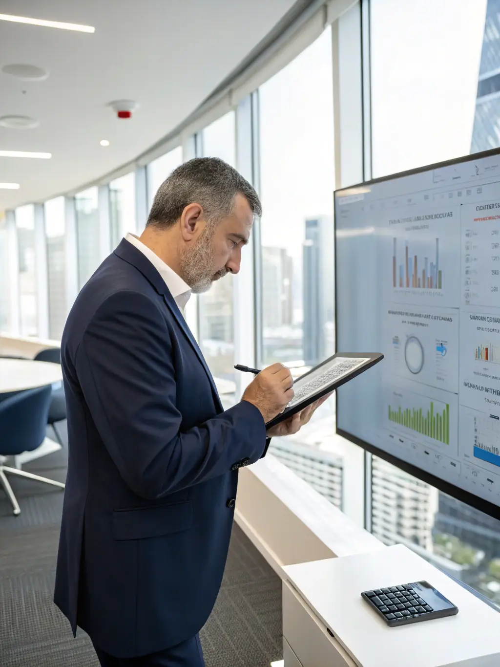 A confident business executive reviewing a dashboard showing zero downtime and high system uptime, set in a modern office environment, representing the impact of managed IT services on business continuity.