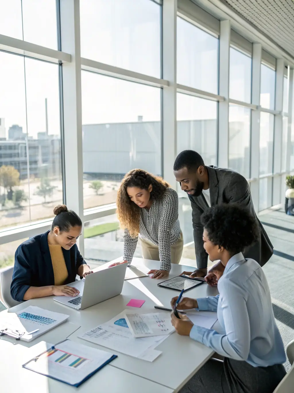 A diverse team collaborating efficiently in a bright workspace, with fast computers and seamless connectivity, symbolizing improved system performance and productivity.