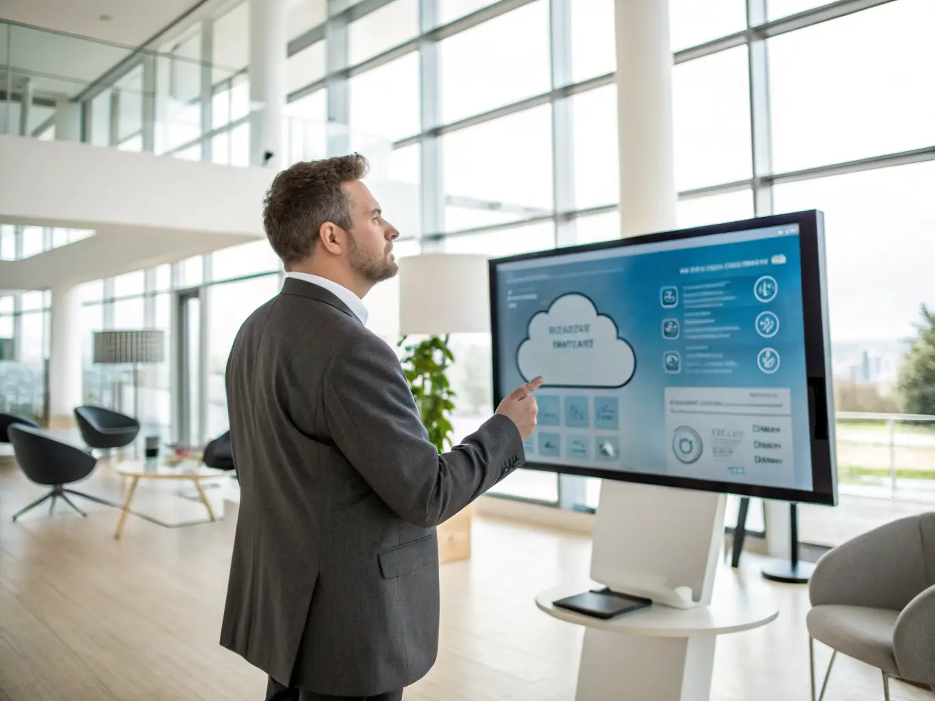A business professional reviewing a cloud dashboard on a laptop, with backup progress bars and secure cloud icons, in a modern office setting, representing secure data backup for business continuity.