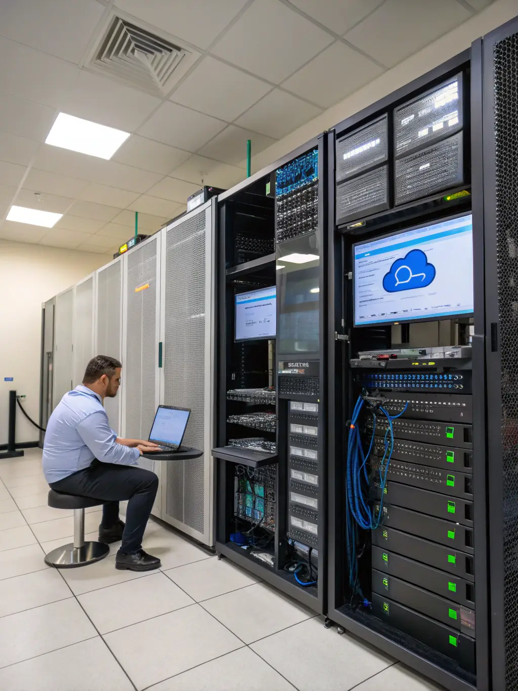A technician working on cloud migration tasks at a workstation, with cloud icons and digital connections overlaying the scene.