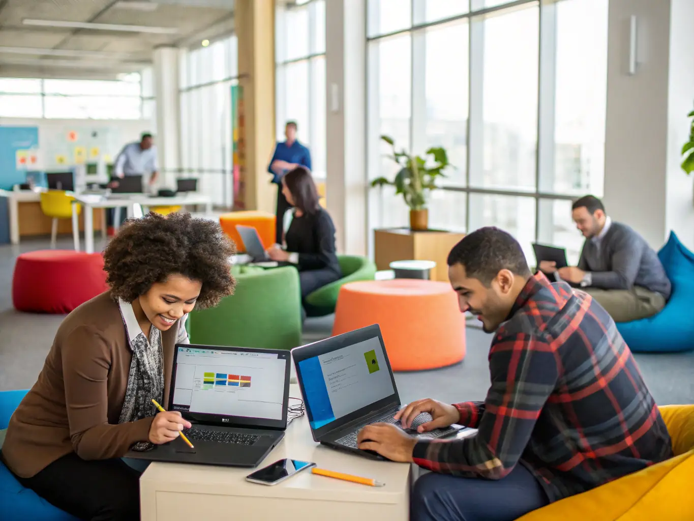 A diverse team collaborating remotely via Microsoft 365 apps on laptops and tablets, with secure cloud connections and productivity tools visible, in a bright, modern workspace, highlighting Microsoft 365 integration for remote work.