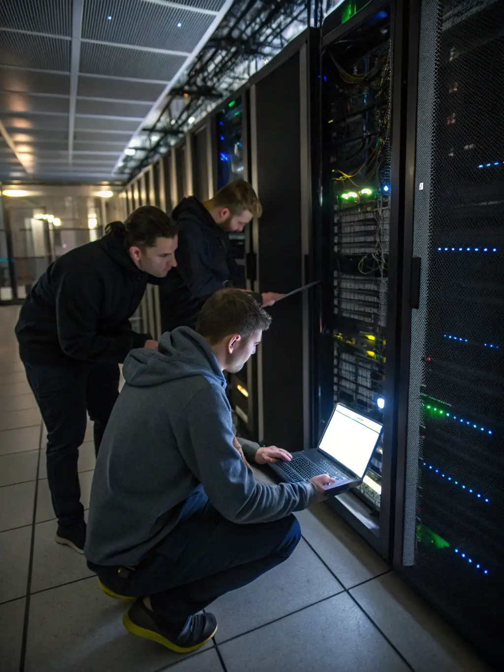 Network engineers configuring enterprise-grade servers and network switches in a well-organized data center with blue accent lighting.