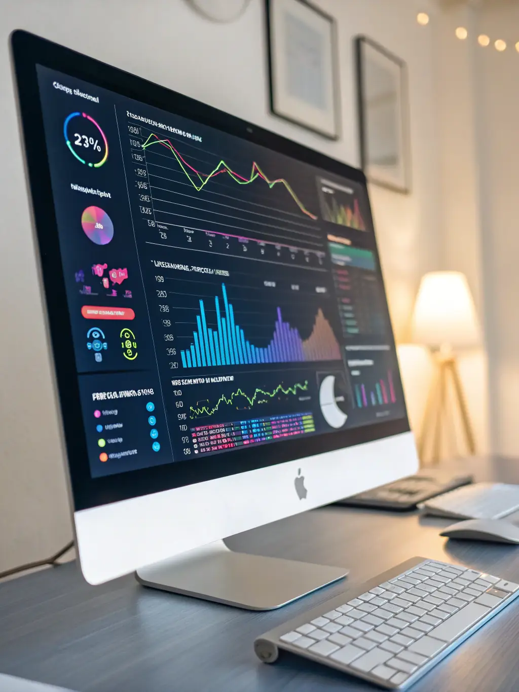 A close-up of hands typing on a laptop with data analytics dashboards and cloud icons overlayed, symbolizing seamless integration of cloud and analytics technologies.