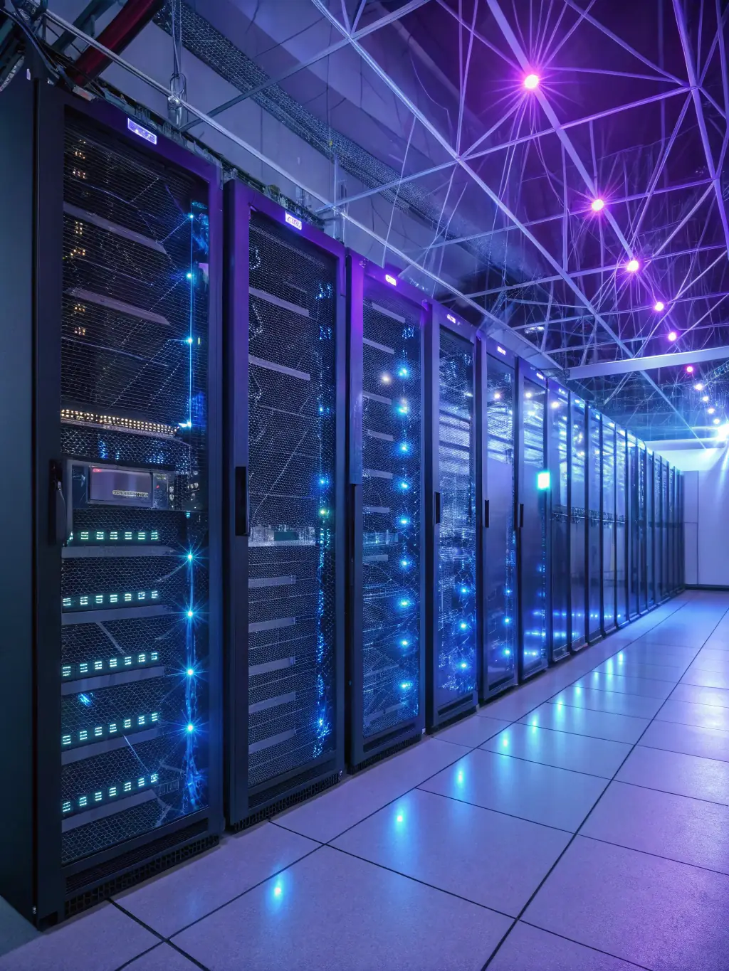 A secure server room with glowing blue lights and a digital lock overlay, representing robust cybersecurity measures and data protection in a corporate environment.
