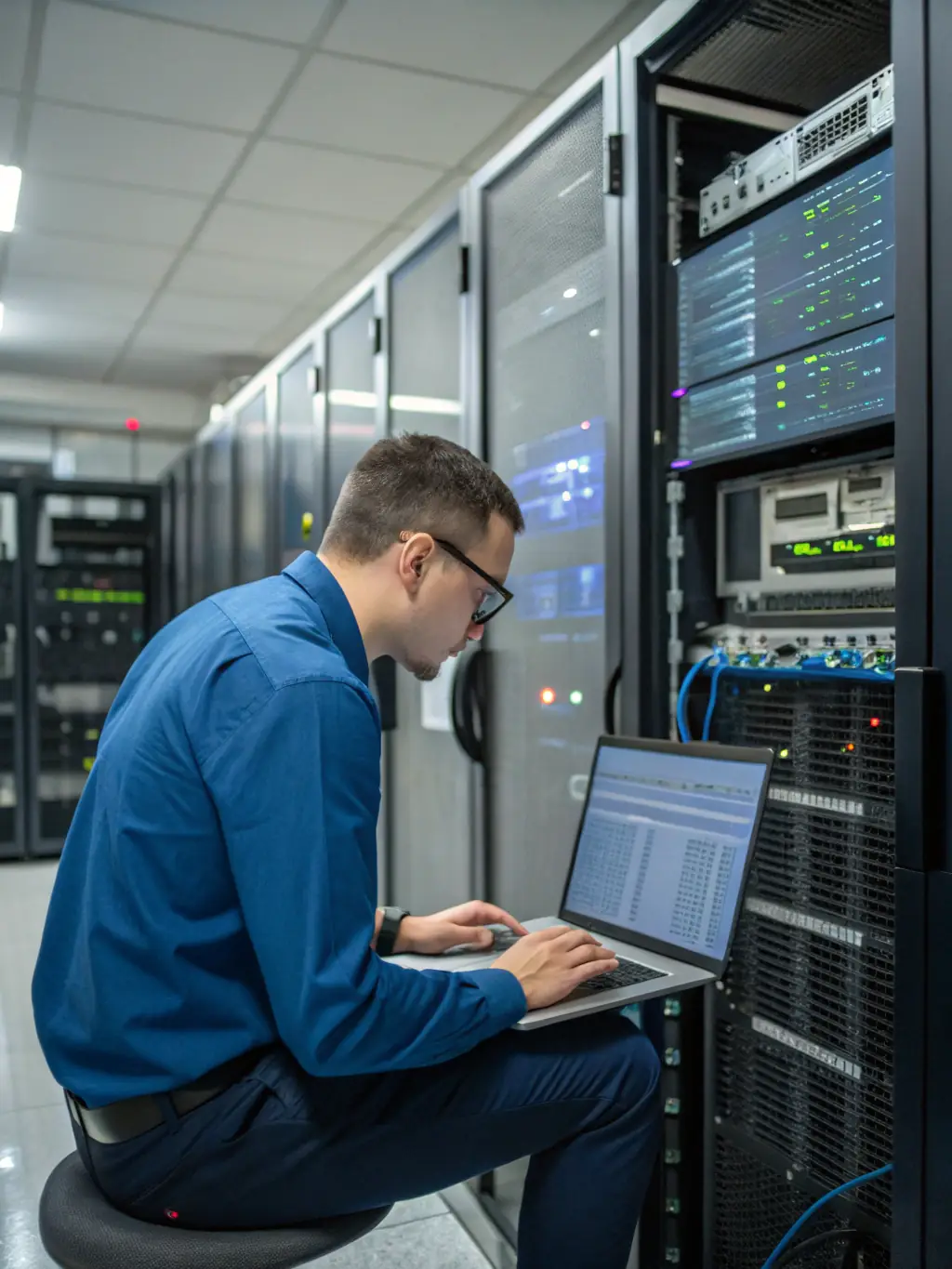 A network engineer configuring enterprise-grade switches and routers in a server room, with visible cabling and cloud icons overlayed, illustrating robust network infrastructure.