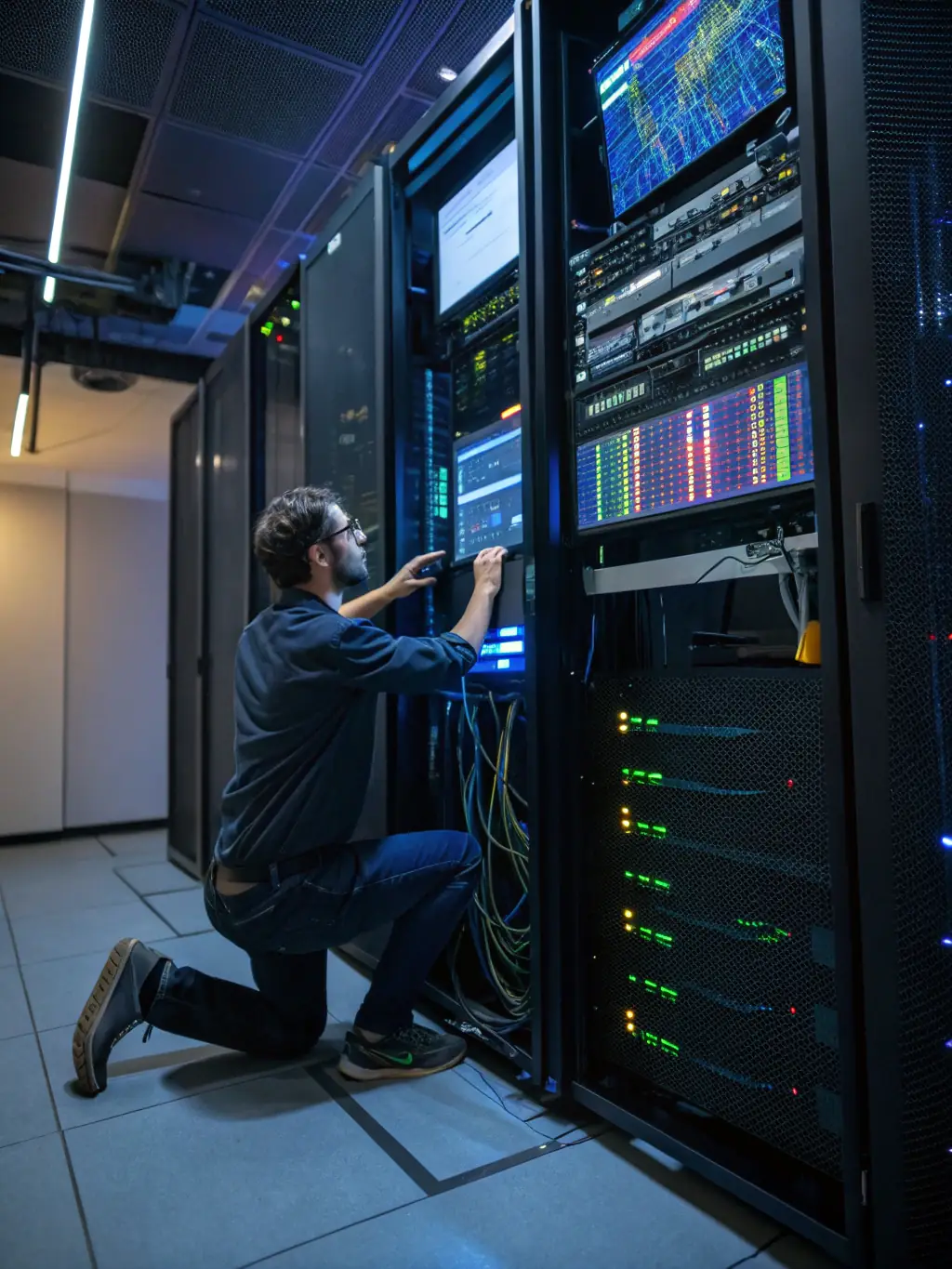 A server room with backup systems and a technician checking disaster recovery protocols, emphasizing business resilience and data protection.