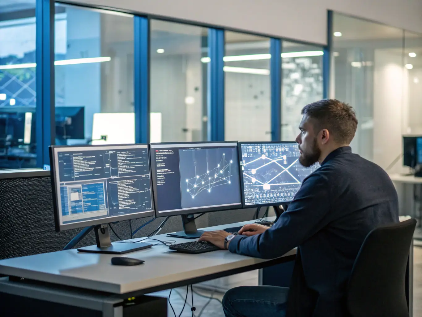 A government office setting with IT specialists managing secure digital infrastructure, featuring data protection visuals and staff collaborating on public service technology projects.