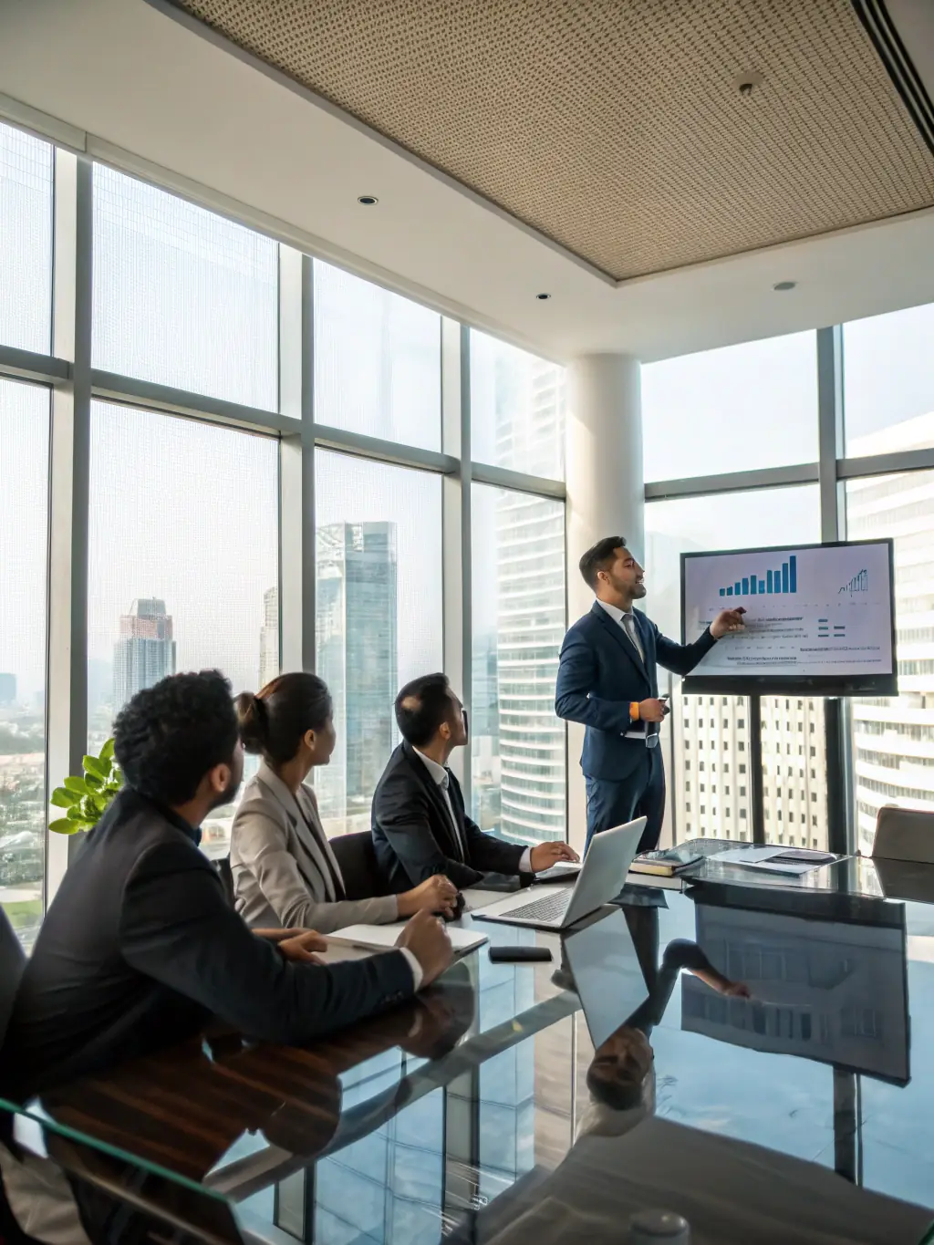 A professional consultant in business attire presenting a digital transformation roadmap on a large interactive screen to a group of attentive executives in a modern office setting, illustrating strategic IT planning.