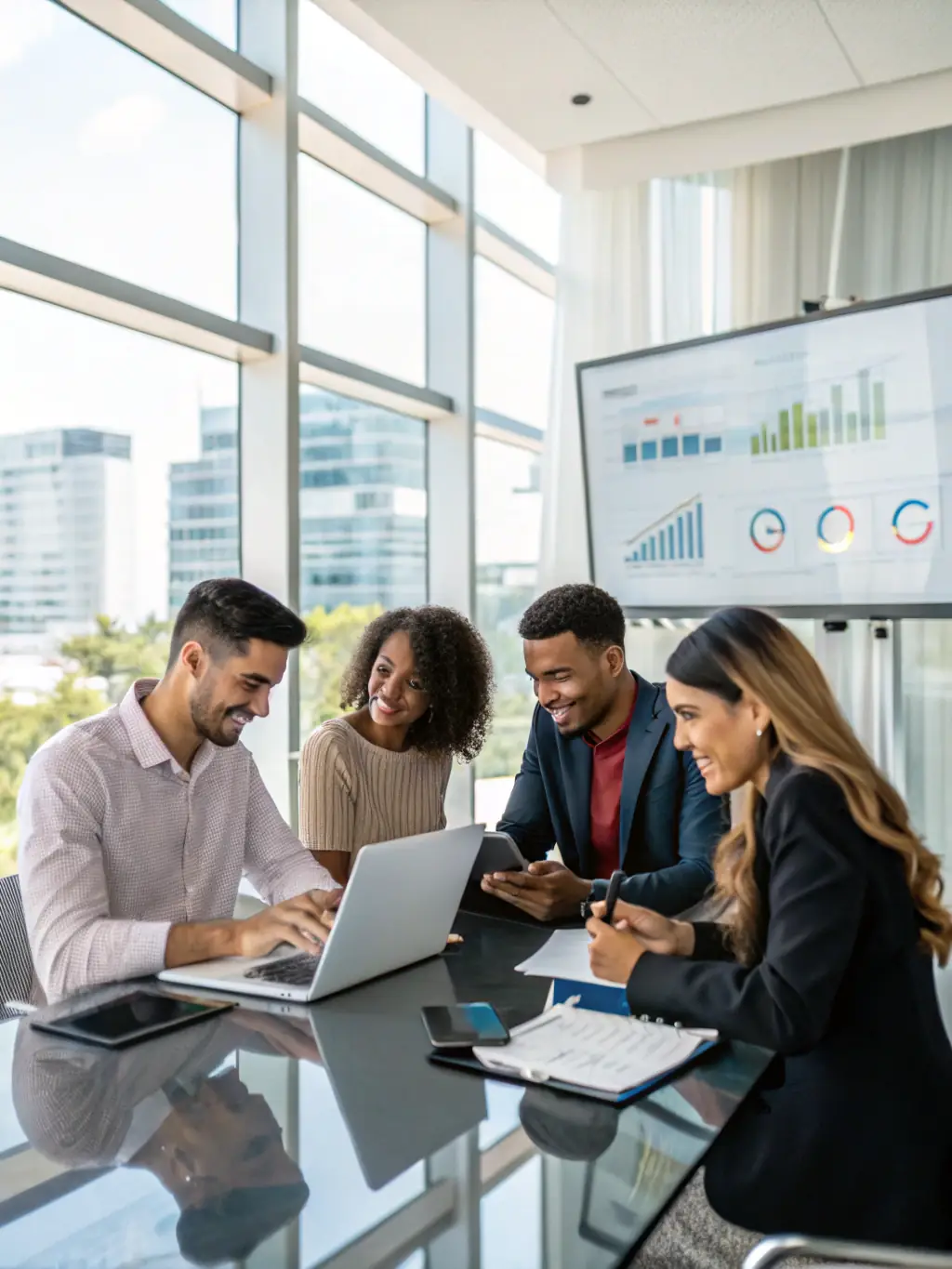 A business team collaborating around laptops with cloud-based applications on screen, set in a bright, modern workspace, highlighting efficient cloud adoption.