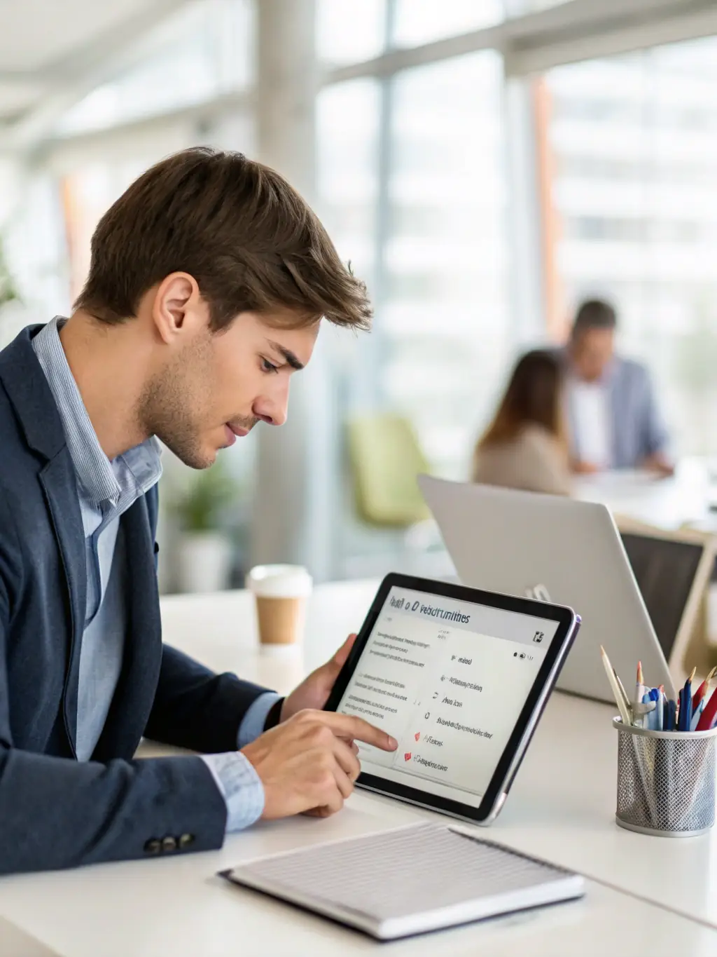 A professional Bahamian IT consultant in business attire, reviewing a digital network diagram on a tablet in a modern office, representing expert technology guidance for local businesses.