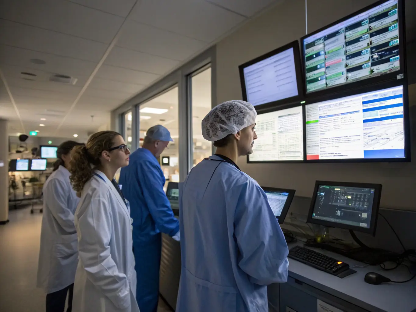 A modern hospital IT control room with healthcare professionals and IT staff collaborating over electronic health records and secure patient data systems, emphasizing reliability and privacy.