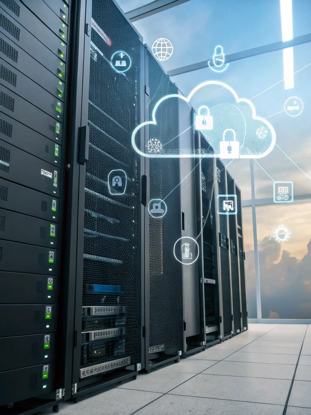 A secure cloud infrastructure with digital locks and cloud icons, symbolizing robust cloud computing solutions for small and medium businesses.