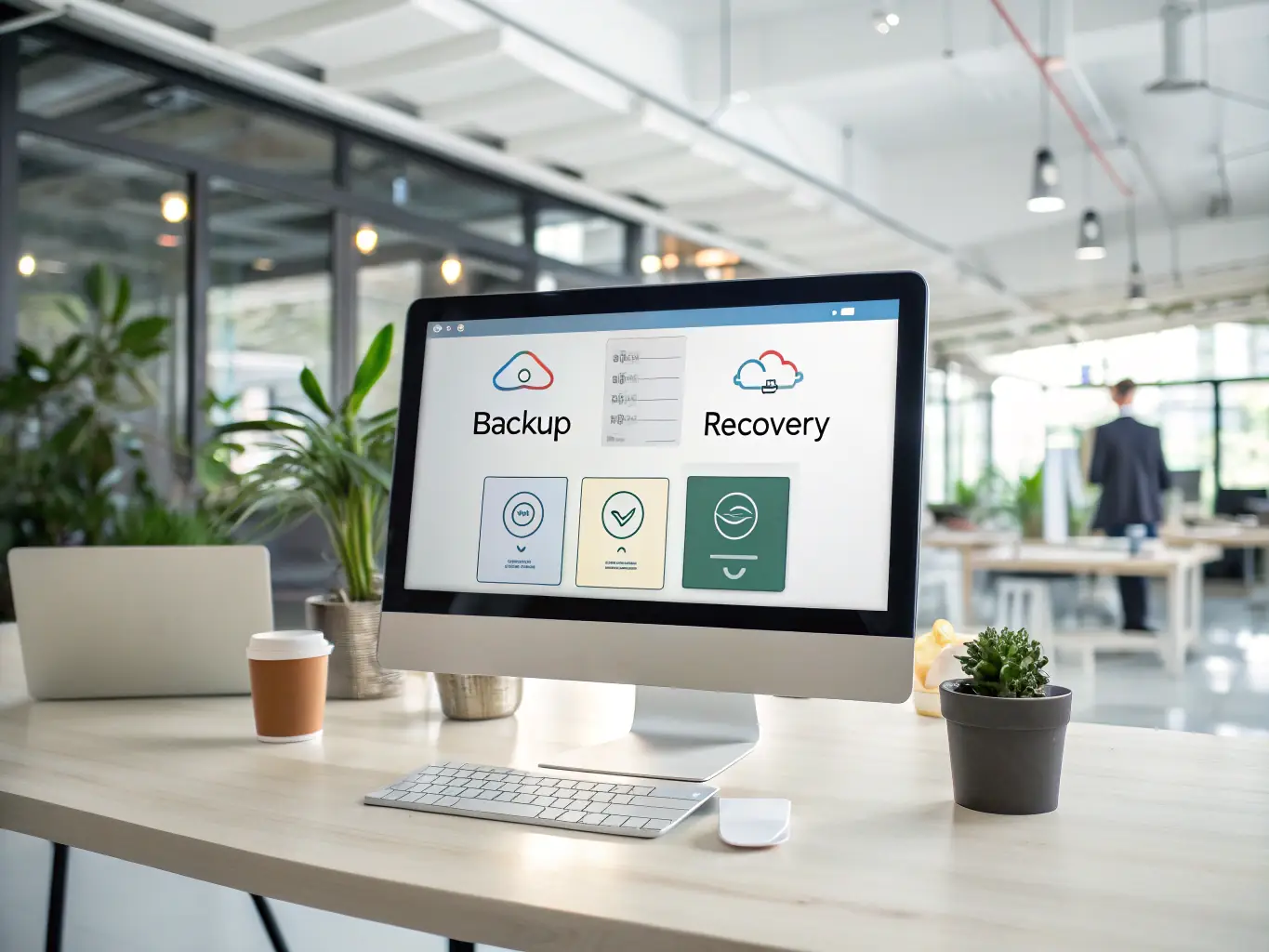 An IT manager restoring files from a cloud-based disaster recovery system, with visual cues of rapid recovery and minimal downtime, in a professional workspace, illustrating disaster recovery for business resilience.