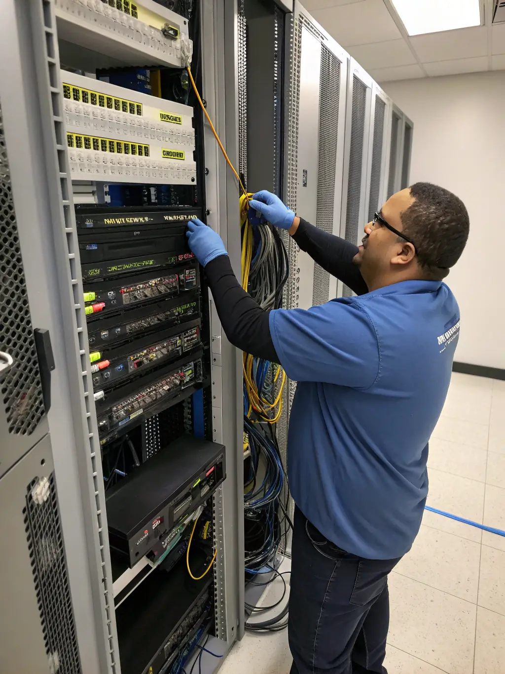 A professional IT consultant configuring a network switch in a modern office environment, representing reliable network engineering for business operations in the Caribbean.