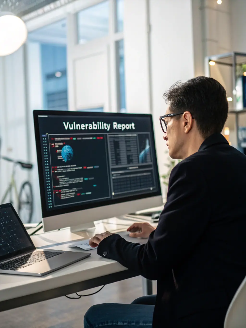 A cybersecurity expert monitoring threat alerts on multiple screens, highlighting proactive protection against cyber threats for local businesses.