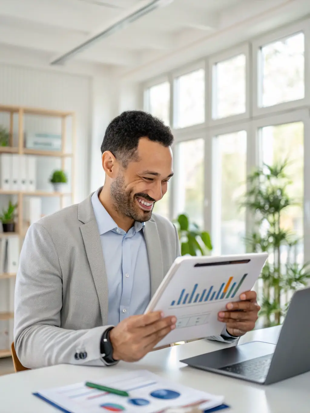 A relieved manager delegating IT tasks to a professional support team, freeing up time to focus on core business strategy and growth.