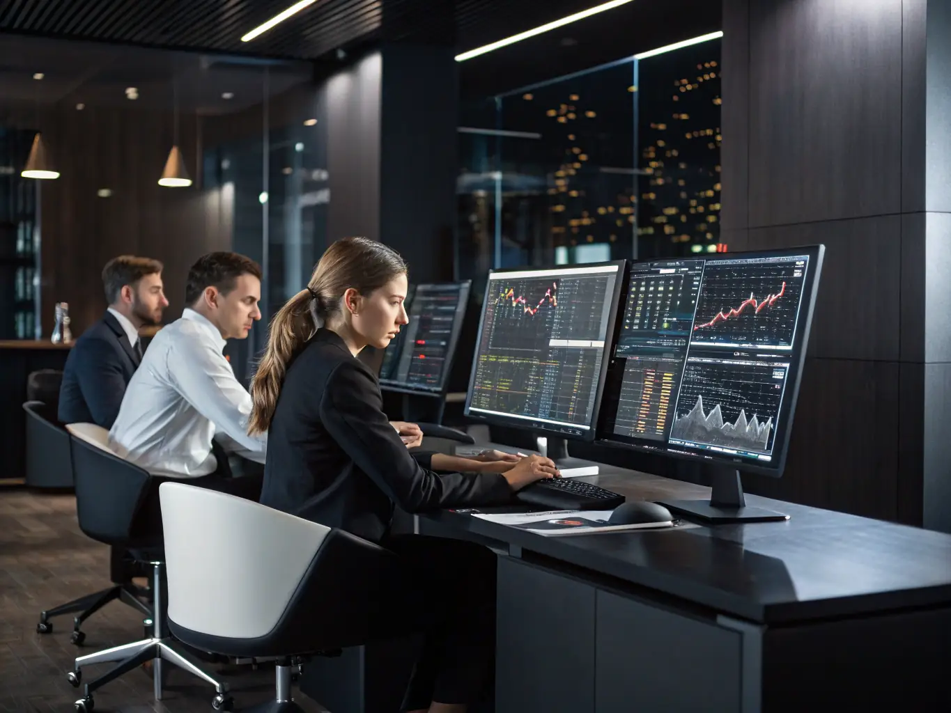 A professional image of a financial institution’s IT team reviewing secure digital transaction data on large monitors, with a focus on cybersecurity and compliance in a modern office environment.